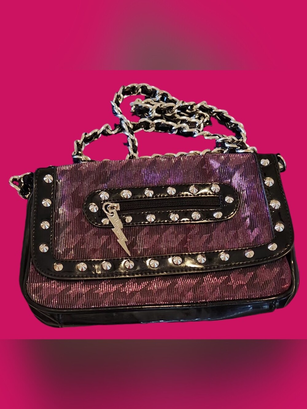 Y2K Betseyville Crossbody Chain Purse Metal Studs Rocker Purple Pink Shimmer